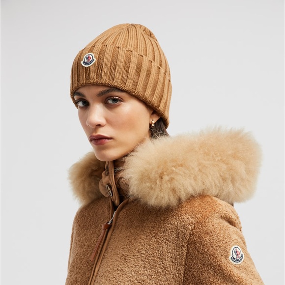 NWT Moncler Wool Knit Tan Ribbed Beanie - Picture 1 of 10